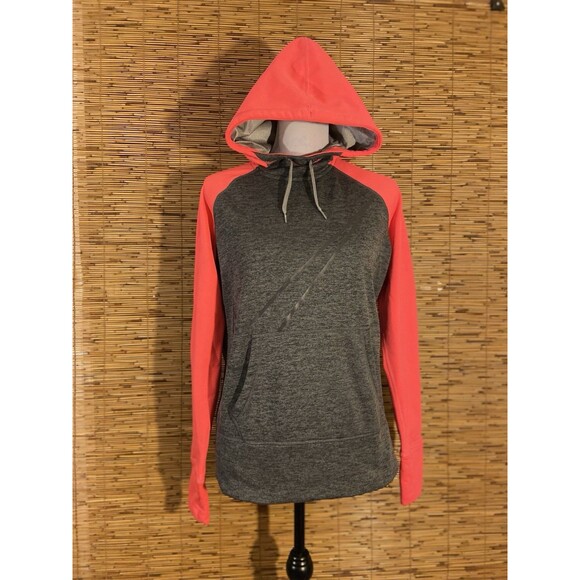 Nike Therma Fit Women’s Hoodie Size M Pink Gray Thumb Hole Pullover Sweatshirt - Picture 3 of 11